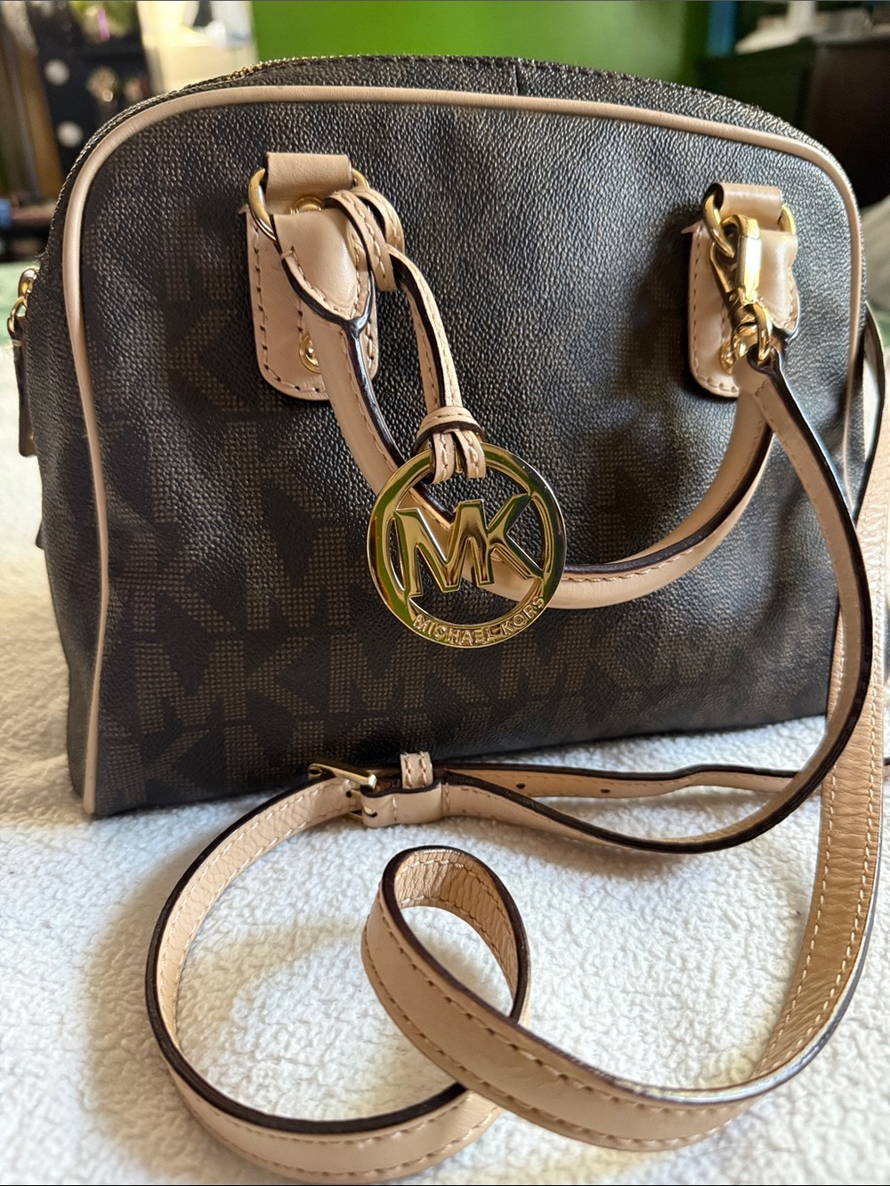 MICHAEL Michael Kors Brown and Beige Logo Dome Crossbody with Gold Charm